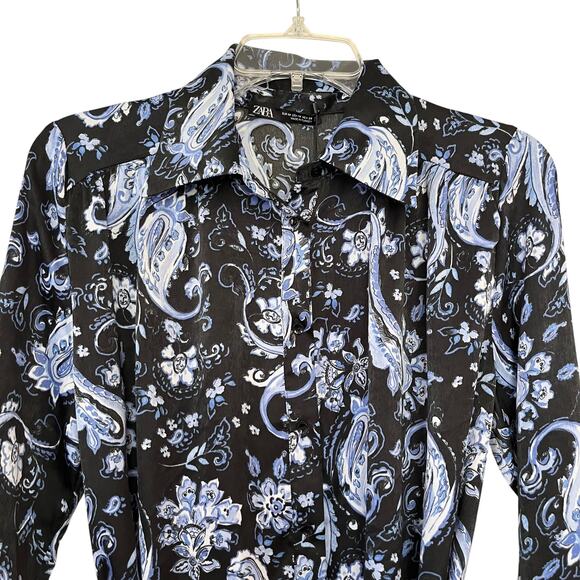 ZARA Blue Black Printed Flounced Shirt Dress M Mini Belted Long Sleeve NWT - Picture 5 of 11